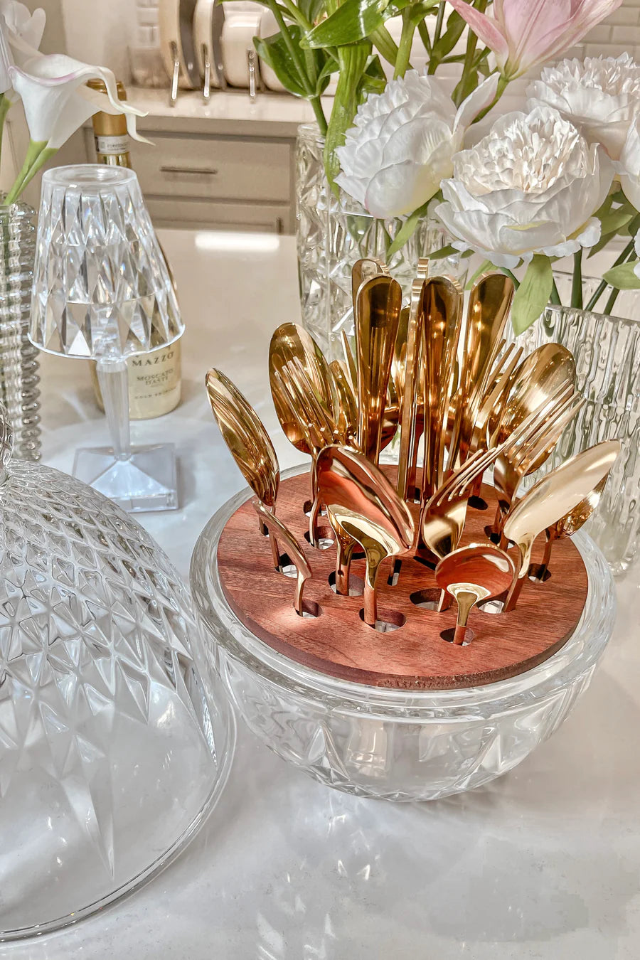 ROYAL LUXURIOUS CRYSTAL CUTLERY & UTENSIL HOLDER + COMPLIMENTARY 24PC STAINLESS STEEL CUTLERY SET