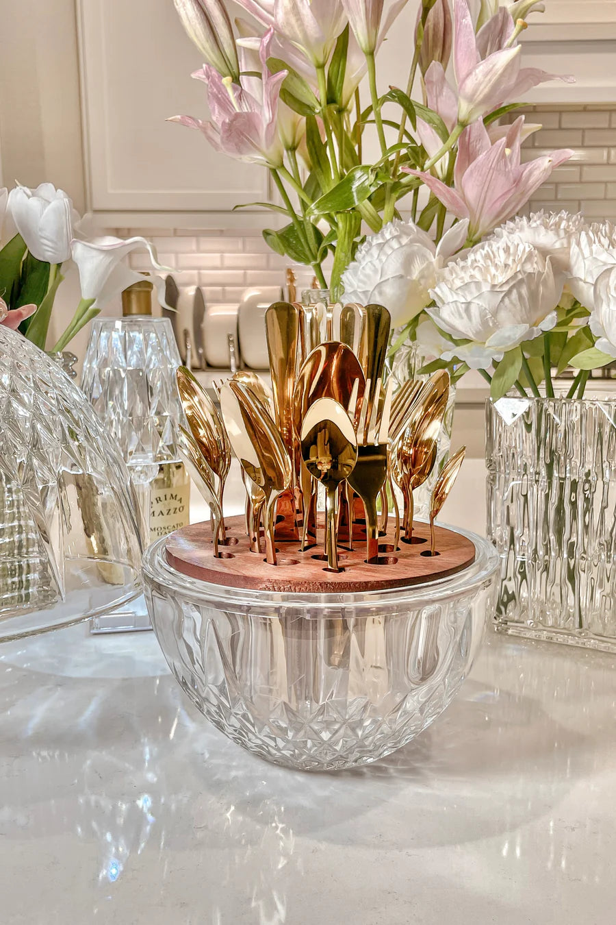 ROYAL LUXURIOUS CRYSTAL CUTLERY & UTENSIL HOLDER + COMPLIMENTARY 24PC STAINLESS STEEL CUTLERY SET